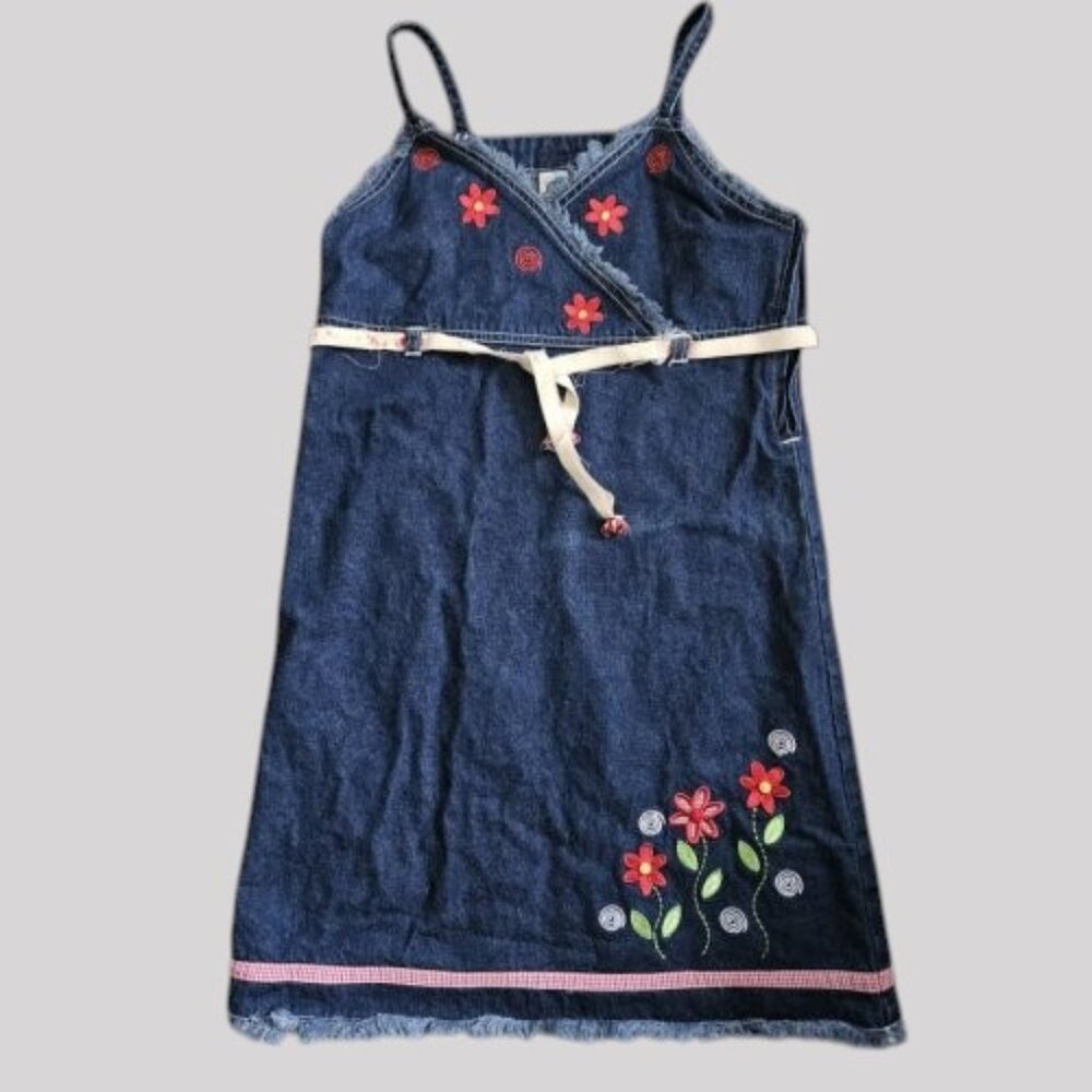 Vintage Embroidered Denim NO KIDDING Sundress Jumper Girls Size 7-8